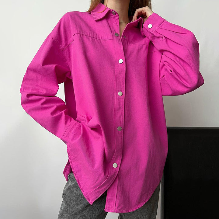 Dame Oversized Skjorte bluse i høj kvalitet bomuld med stilfulde trykknapper Stilla