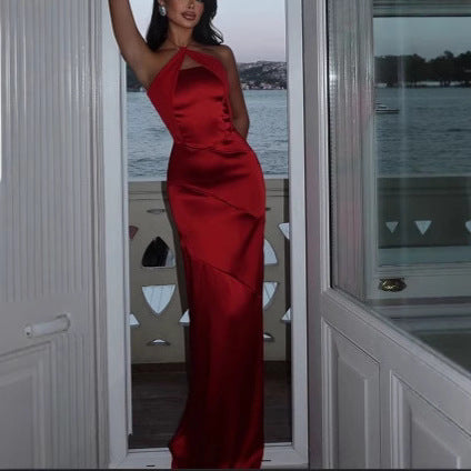 Femme Elegant Halter Neck Satin Aftenkjole Stilla