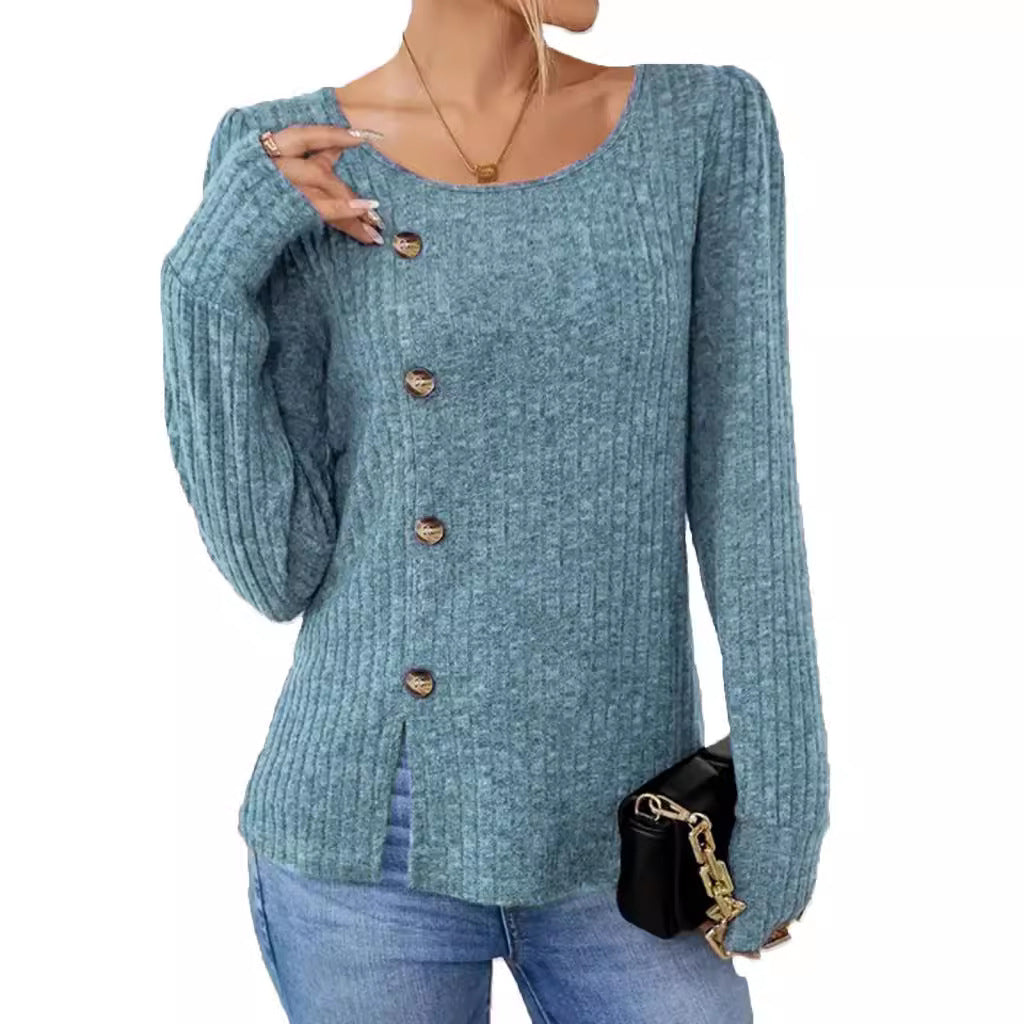 Dame moderigtig strikpullover med knapdetalje og sidelommer Stilla