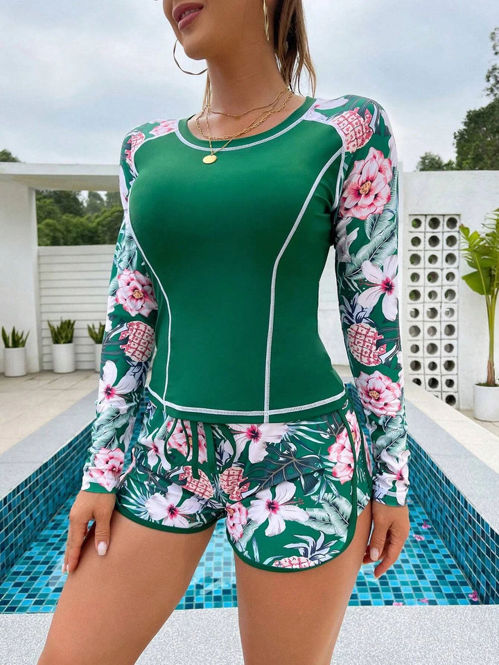 Dame Langærmet Surf-Badedragt med floralsk mønster Skovae