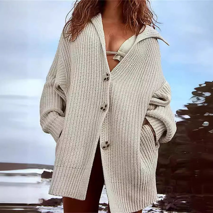 Kvinders chunky strik cardigan med moderne reverskrave og dekorative knapper Stilla