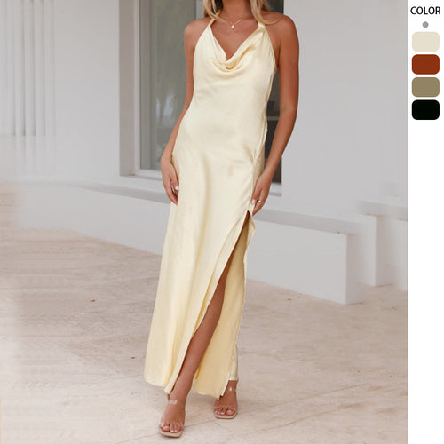 Damer Elegant Satin Maxi Kjole med Dybere Uddybning og Sideslids Stilla