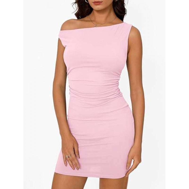Femme Én-skulder Bodycon Kjole med Rynke Detalje Stilla