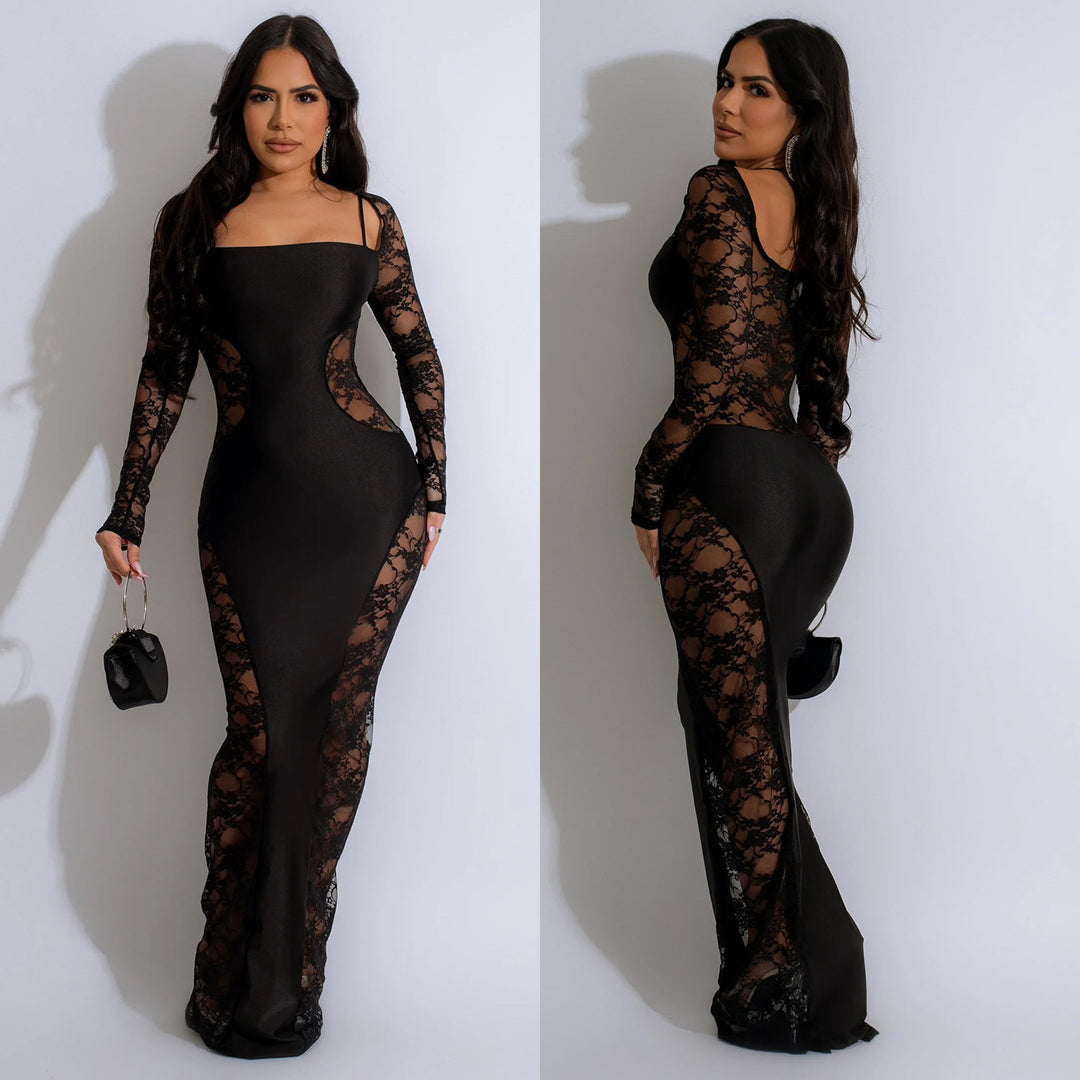 Dame Elegante Langærmet Blondekjole med forførende Cut-Out-detaljer og figursyet snit Stilla