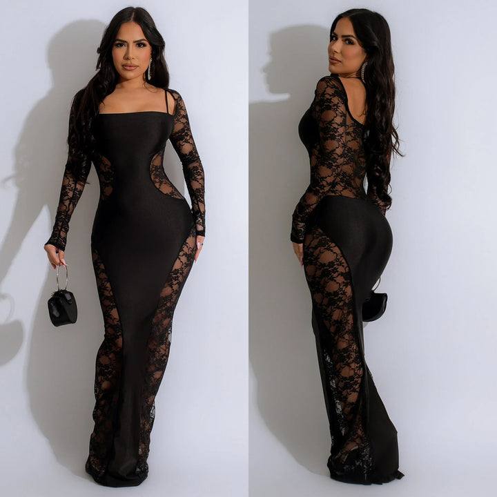 Dame Elegante Langærmet Blondekjole med forførende Cut-Out-detaljer og figursyet snit Stilla