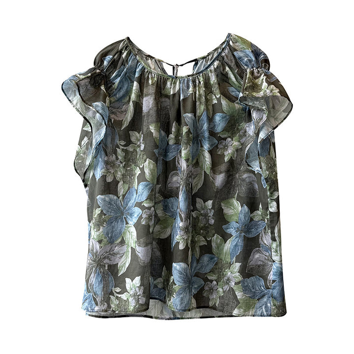 Damebluse med flæsedetaljer og blomstret mønster Stilla