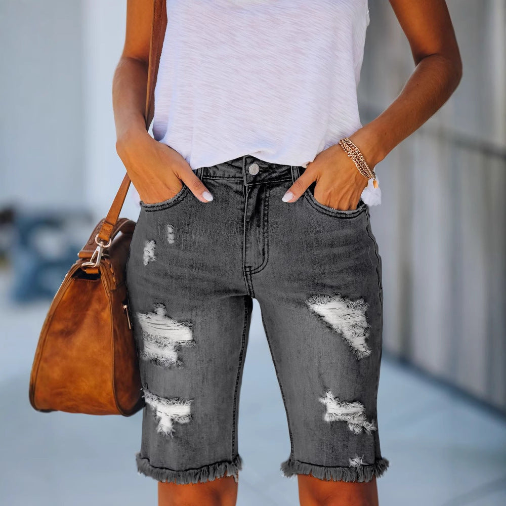 Dame afslappede Denim Bermuda-Shorts med frynset kanter og revne-effekter Stilla