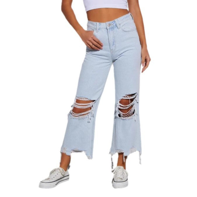 Dame Mom Jeans med frynset kant og ribbet detaljer Stilla