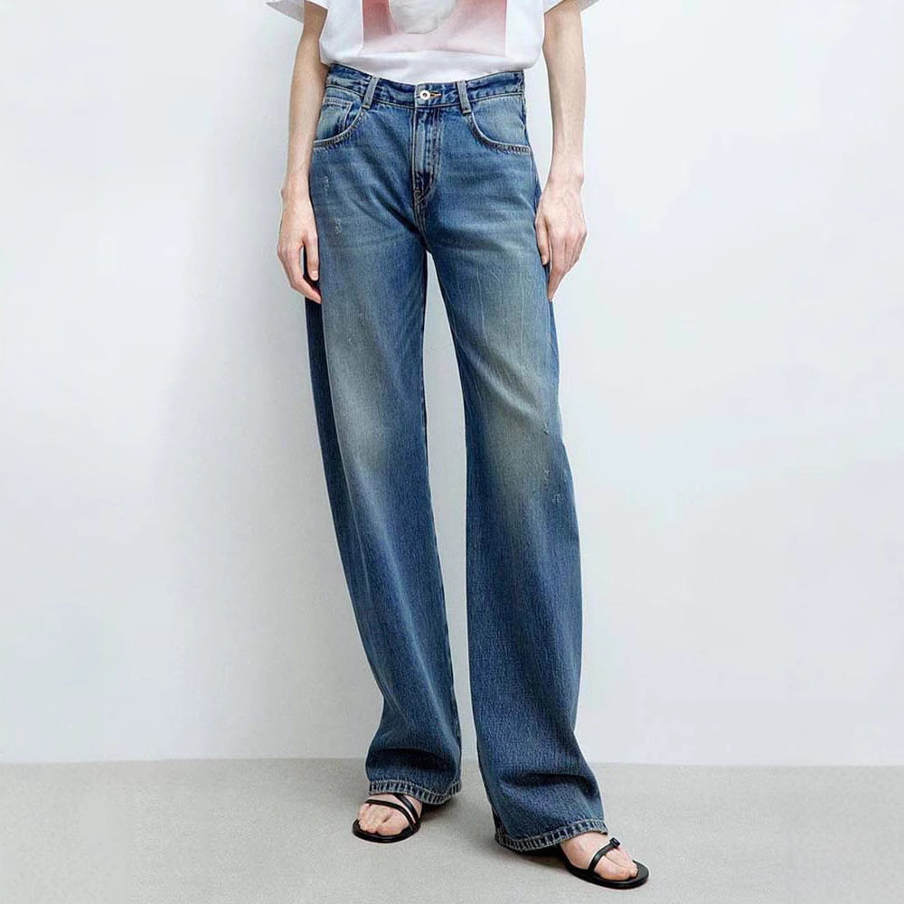 Dame bred jeansbukser med høj talje og moderne snit Stilla
