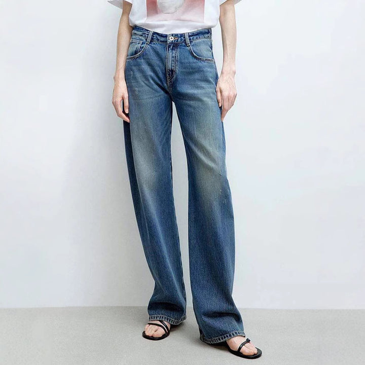 Dame bred jeansbukser med høj talje og moderne snit Stilla