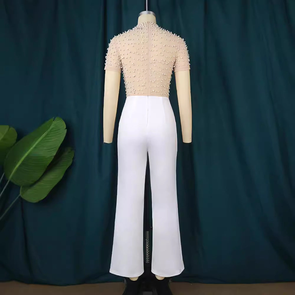 Dame elegant jumpsuit med glitrende perlebesætning Skovae