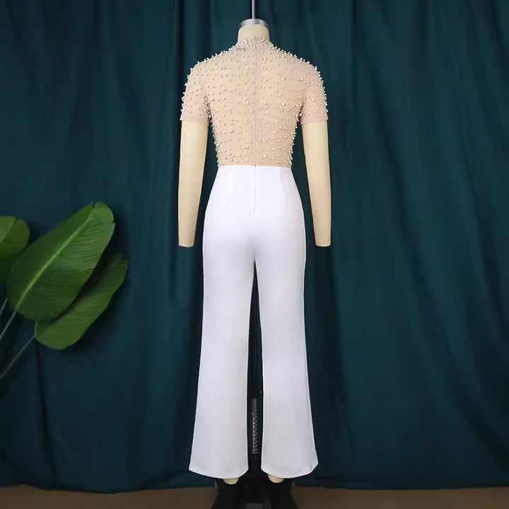 Dame elegant jumpsuit med glitrende perlebesætning Skovae