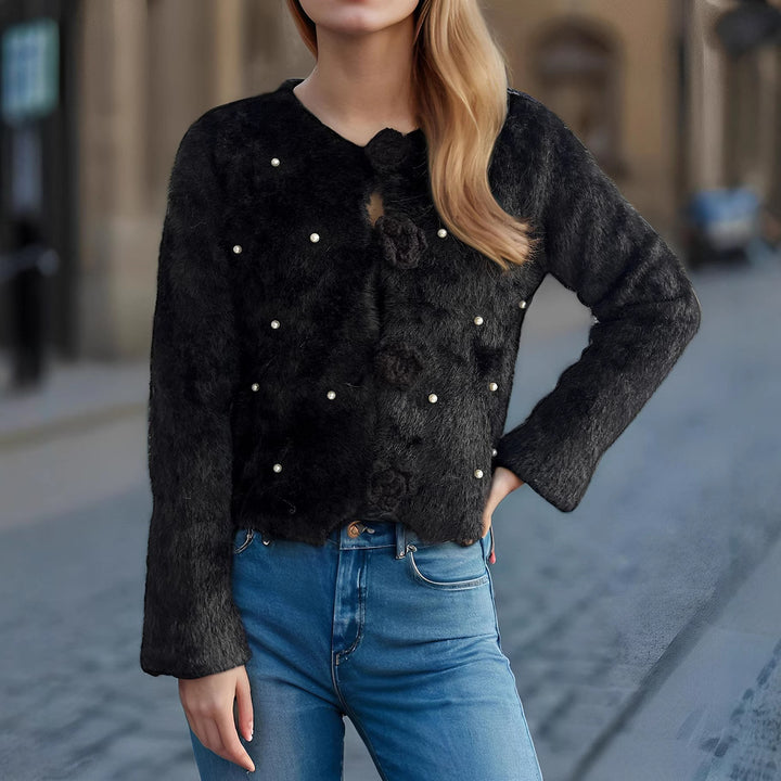 Kvinders fine cardigan med blomsterapplikationer og perleaccenter Stilla