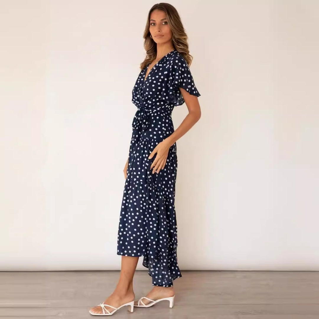 Dame Vintage Inspireret Polka Dot Maxi Kjole med Bindebånd Detalje Stilla