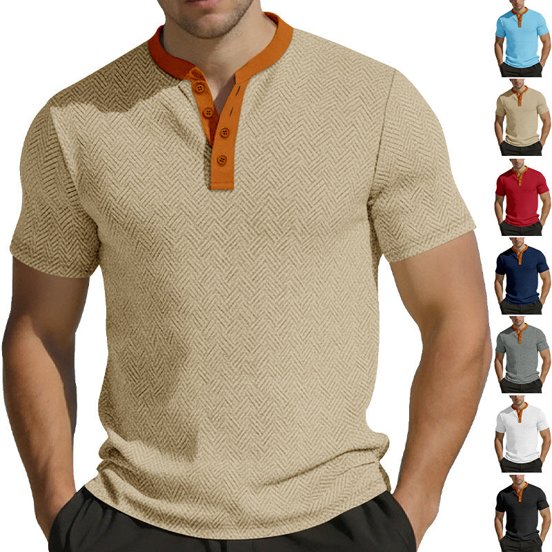 Herrer nan slankt kortærmet Henley polo skjorte med mandarin krave og fin jacquard struktur Skovae