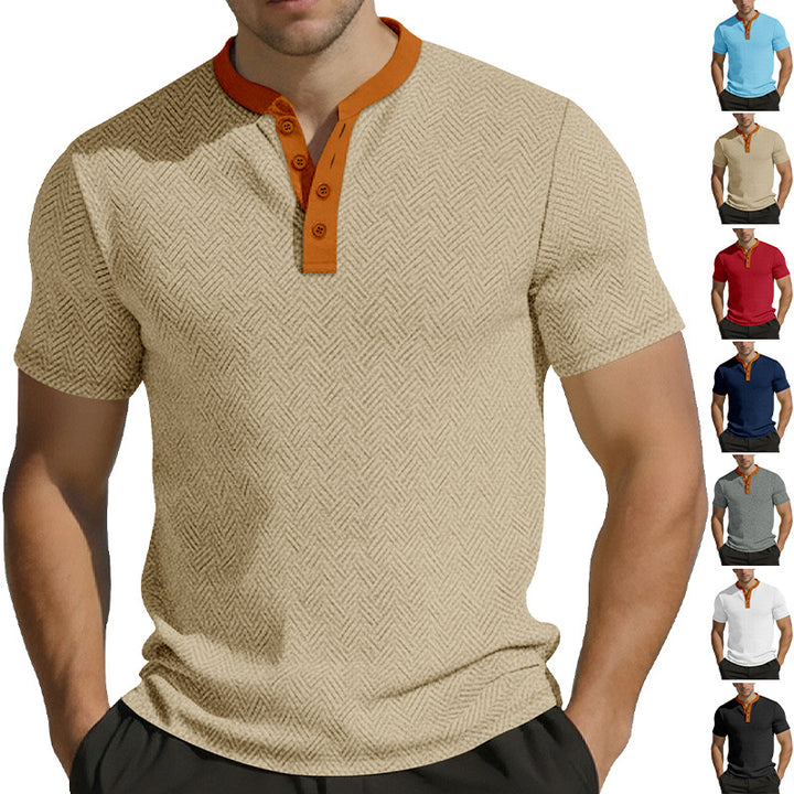 Herrer nan slankt kortærmet Henley polo skjorte med mandarin krave og fin jacquard struktur Skovae