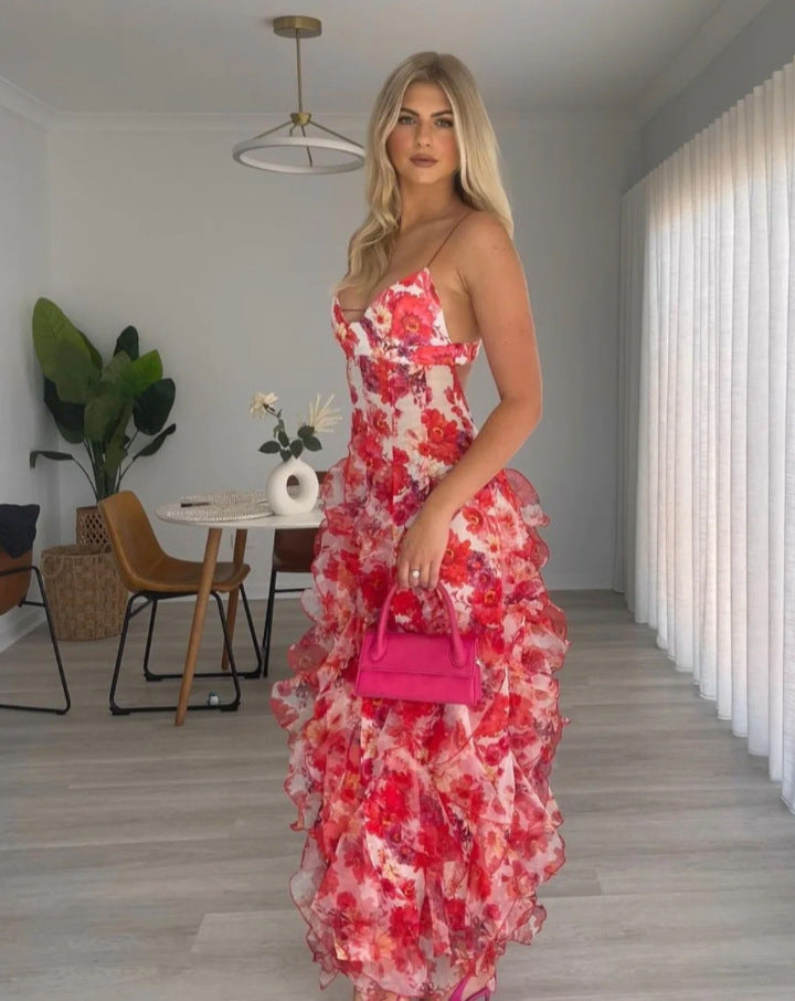 Damer sommer maxi kjole med blomsterprint Skovae