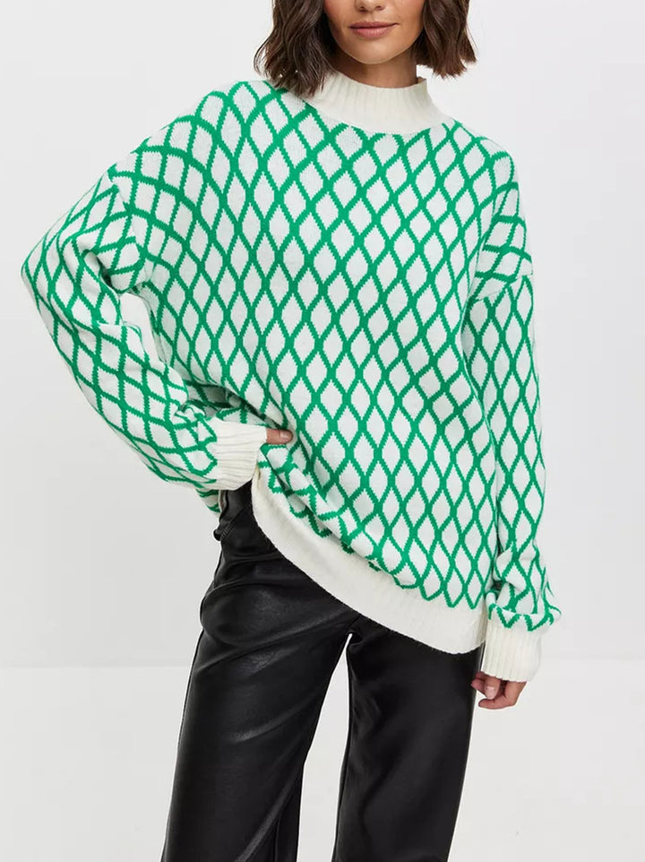 Kvindernes strikkede sweater med moderne diamantmønster og innovativt snit Stilla