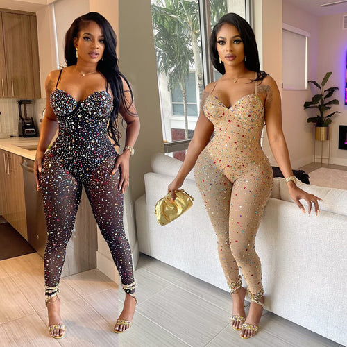 Dame Glamourøs Bodycon Jumpsuit med strass-applikationer og forførende, elastiske ben Stilla