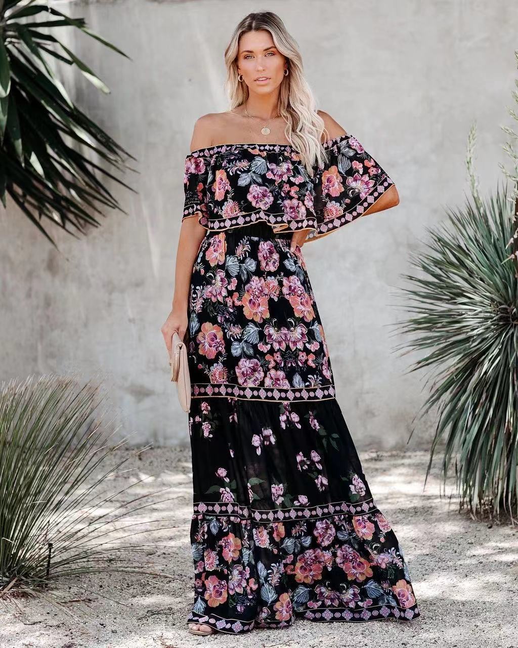 Dame Off-Shoulder Maxikjole med blomster mønstre og elastisk taljebælte Stilla