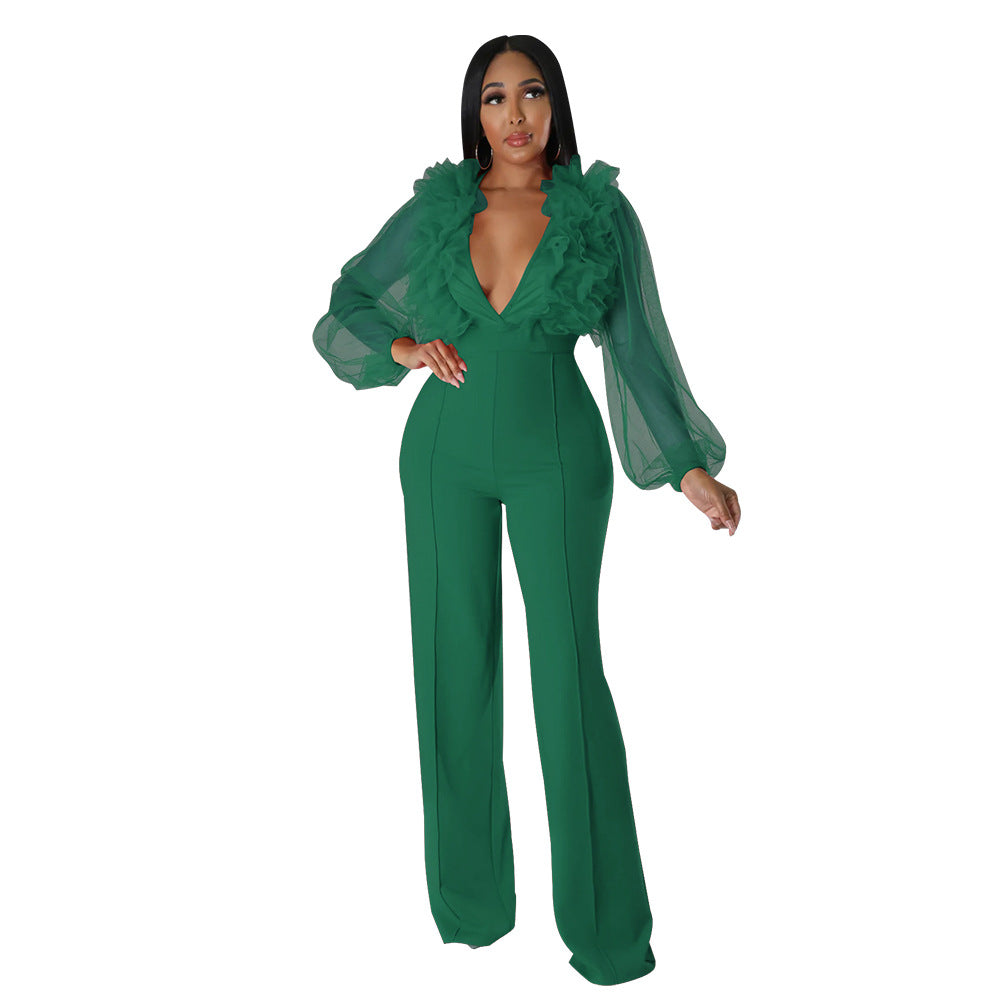 Dame Elegant Jumpsuit med voluminøse flæseærmer og højhalset krave Stilla