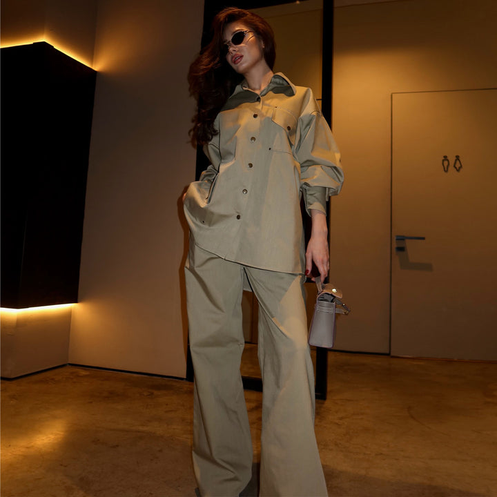 Kvinders oversized skjorte bluse sæt med trendy snit og trykknapper