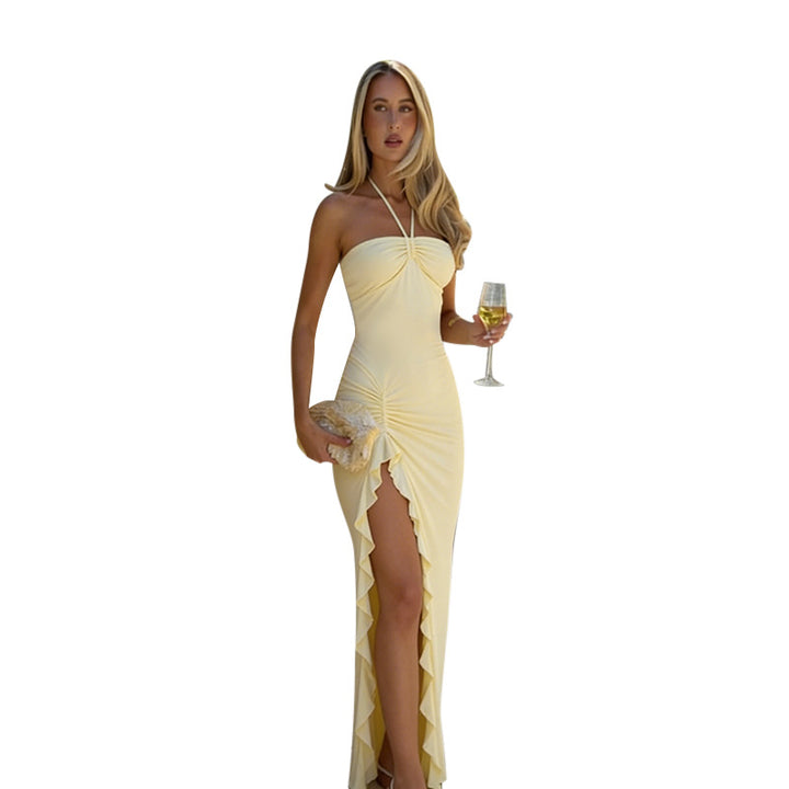 Kvinder Elegant Maxi Kjole med Flæse Design og Halter Stropper Skovae