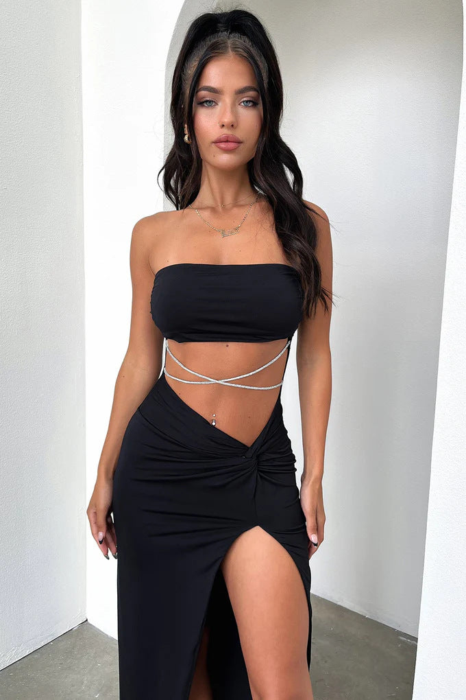 Dame Elegant bandeau Maxikjole med høj slids og glitrende detaljer Skovae