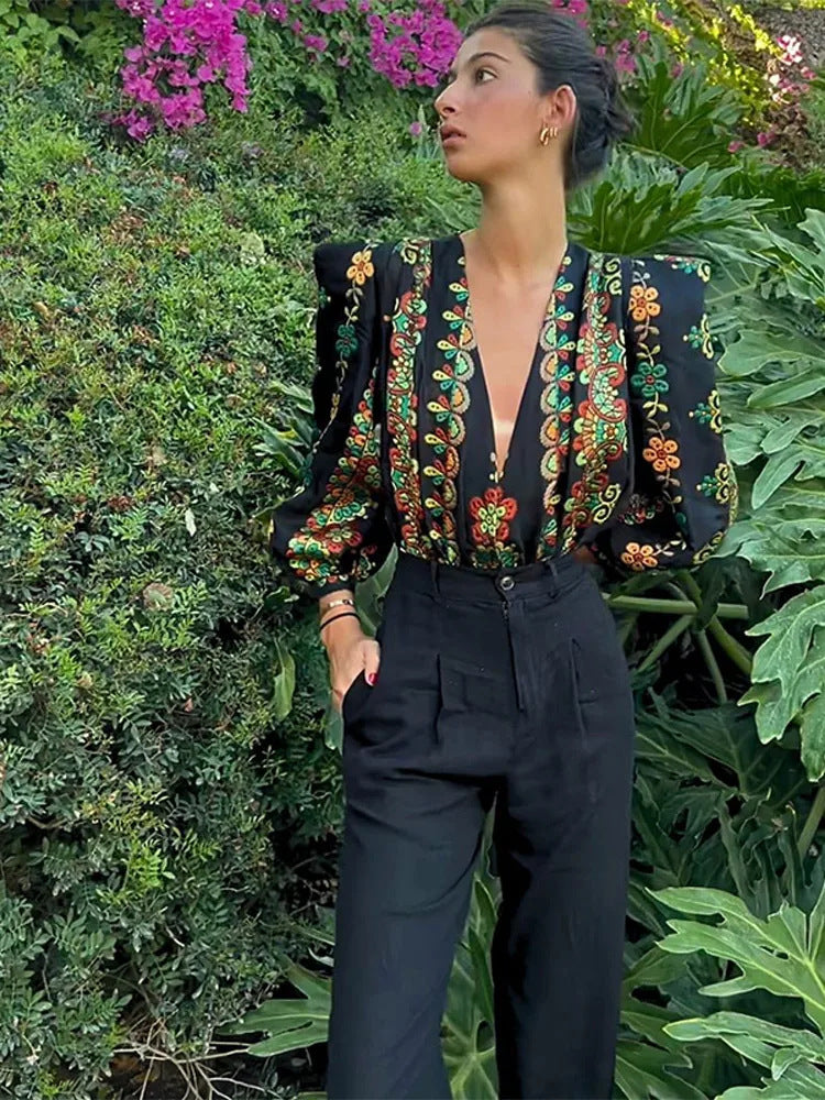 Dame Elegant Bluse med puffærmer og blomsterbroderi Stilla