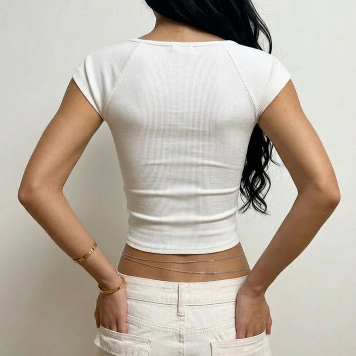 Damen Kurzarm-Top mit Spitzendetail und taillierter Passform Skovae