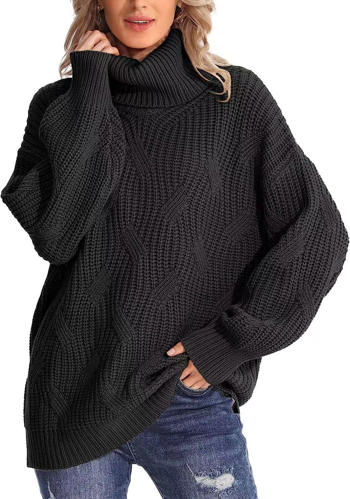Dame groft strikpullover med høj krave og fletmønster Stilla
