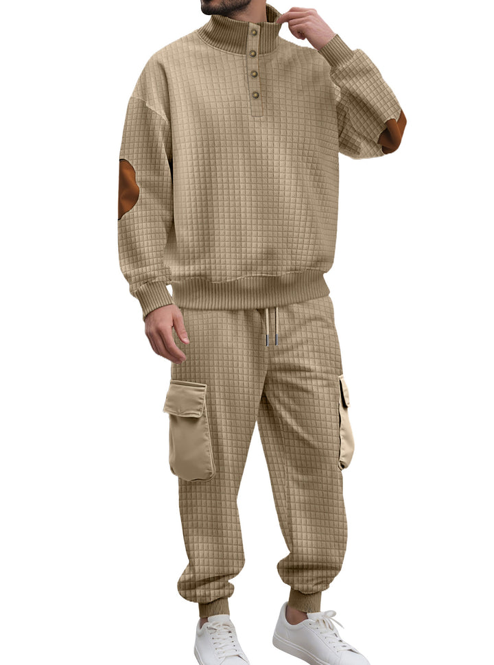 Herren nan Karo-relief-sweatset med ståkrave-knapliste, velour-ellbogenlapper og cargo-jogger Skovae
