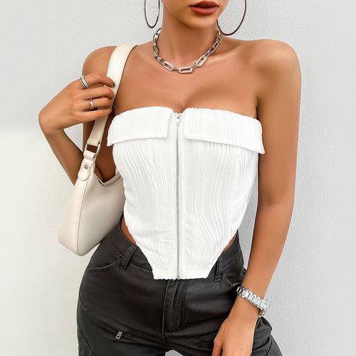 Dame Bustier-top med lynlås og rynket design Stilla