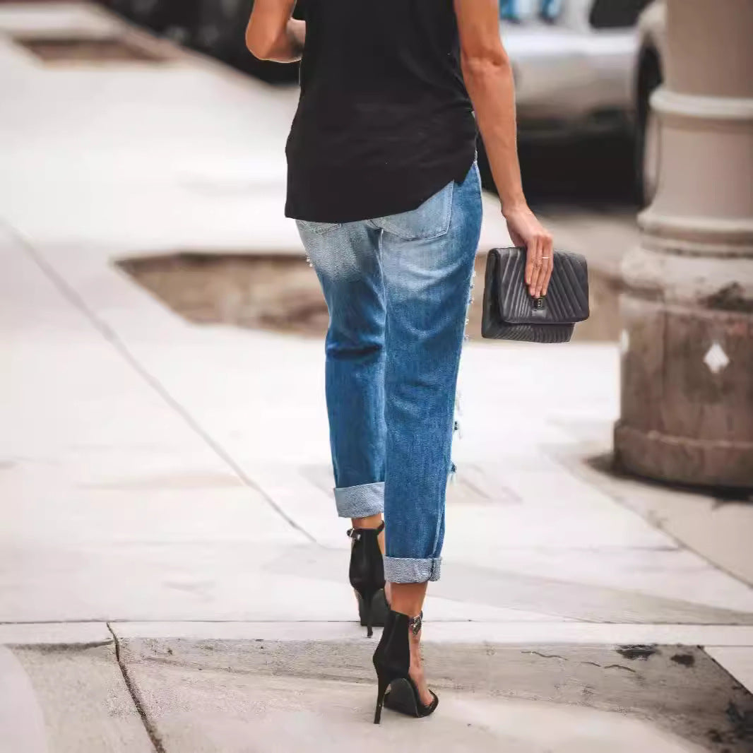 Dame Destroyed Boyfriend Jeans i afslappet stil med høje revnedetaljer Skovae