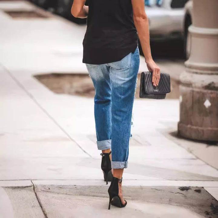 Dame Destroyed Boyfriend Jeans i afslappet stil med høje revnedetaljer Skovae