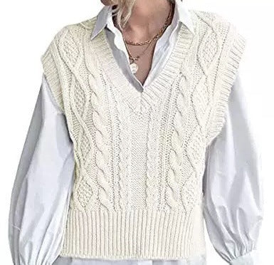 Dame strikpullover i vintage-look med V-udskæring og fletmønster Stilla