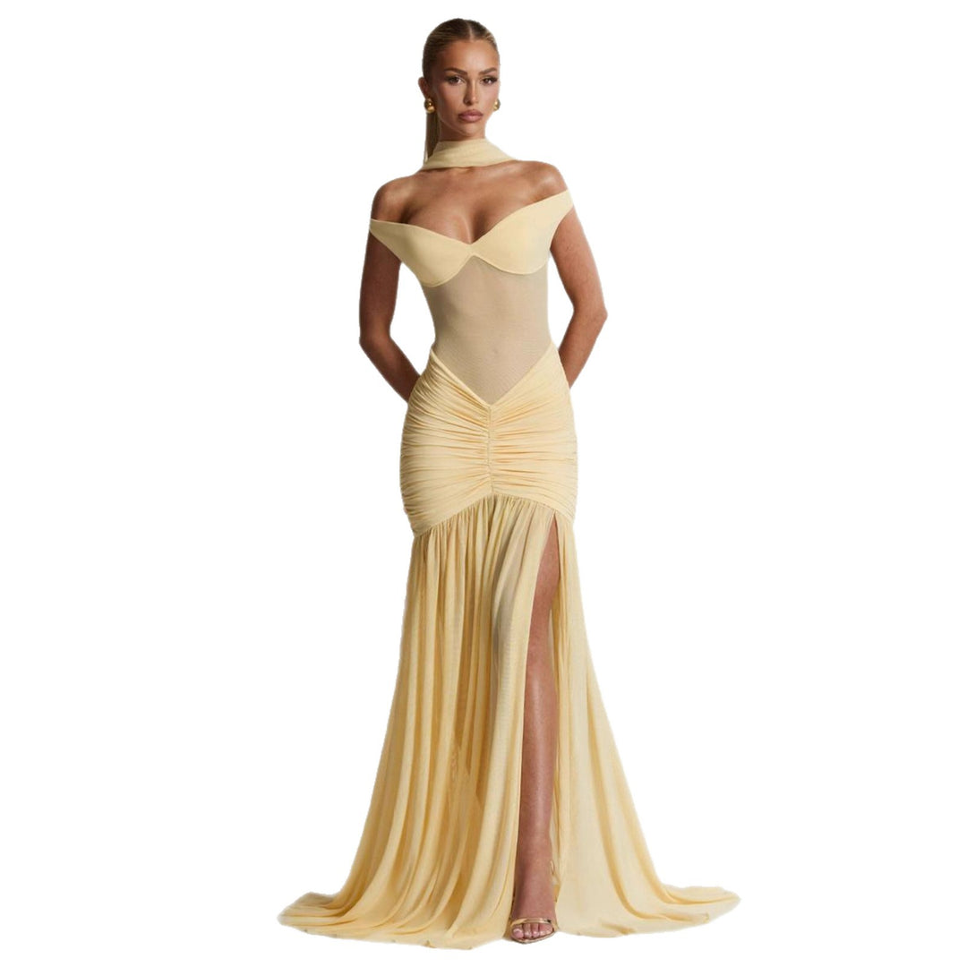 Kvinder Elegant Maxi Kjole med Off-Shoulder Design og Rynkning Stilla