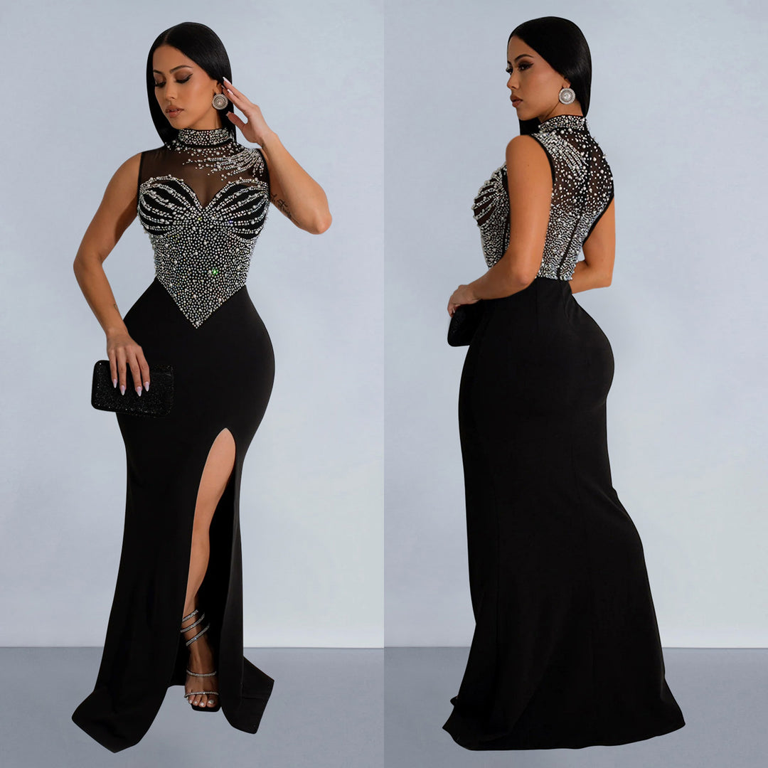 Dame elegant aftenrobe med strass-applikationer og høj slit Stilla