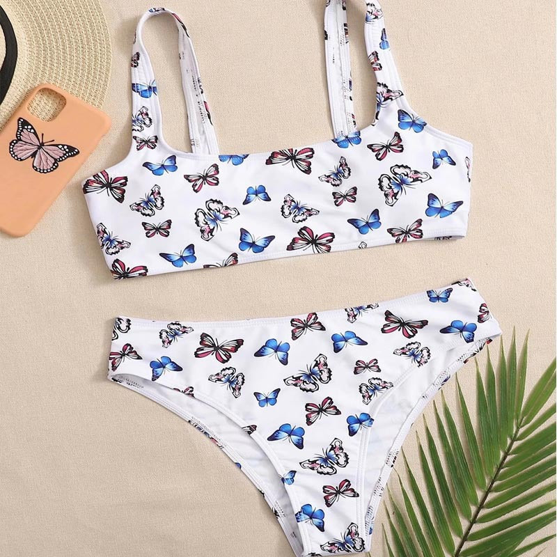 Dame Crop-Bikini-sæt med farverig sommerfugleprint Skovae