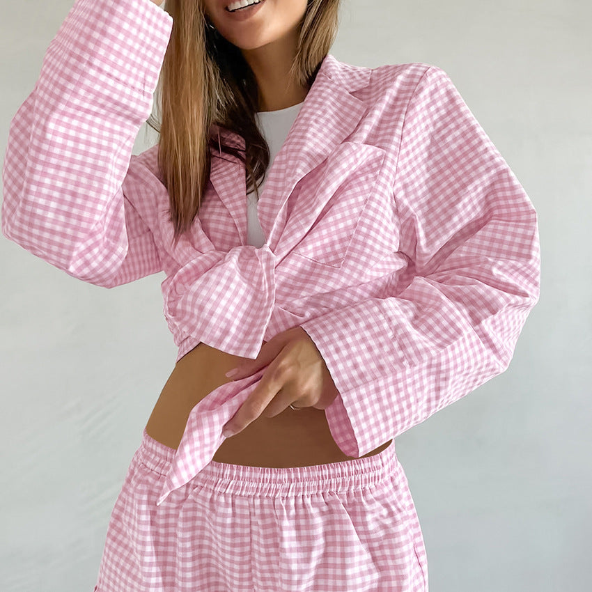 Dame Pyjamasæt med ternet design og blødt bomuldsmateriale Stilla