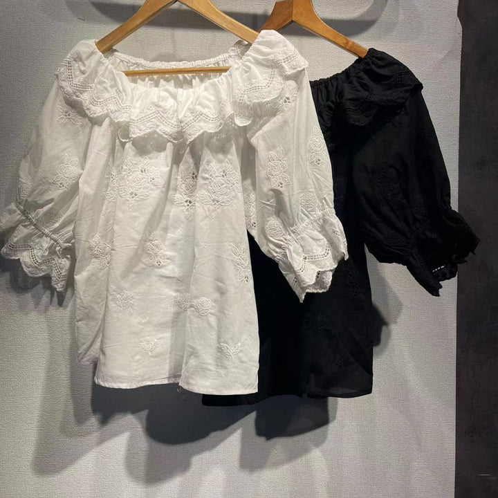 Dame Off-Shoulder Bluse med florale broderier og rynkedetaljer Stilla