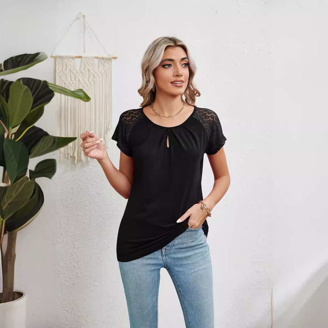 Dame T-shirt med spidsdetaljer og knudeelement Stilla