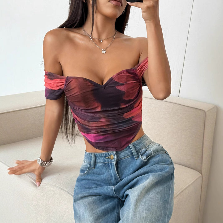 Dame Off-Shoulder Top med draperinger og blomsterdesign Skovae
