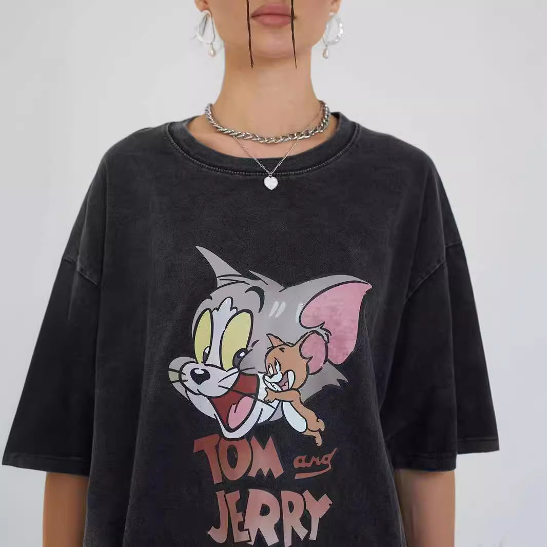Dame Oversized T-Shirt med afslappet cartoon-tryk og høj kvalitet vintage-effekt Stilla