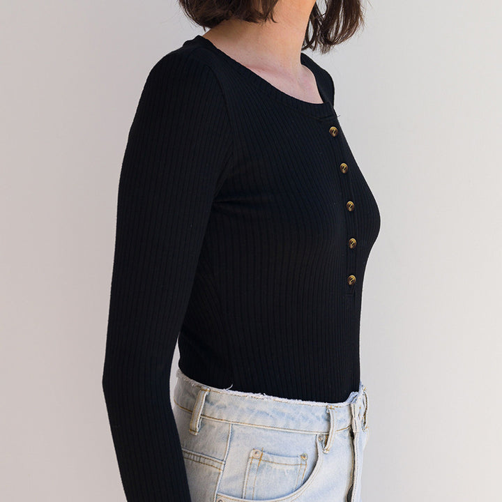 Dame langærmet rib-T-shirt med dekorative trykknapper Stilla