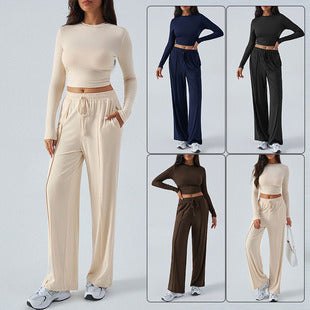 Dame afslappet lounge-sæt med langærmet crop-top og løs bund Skovae