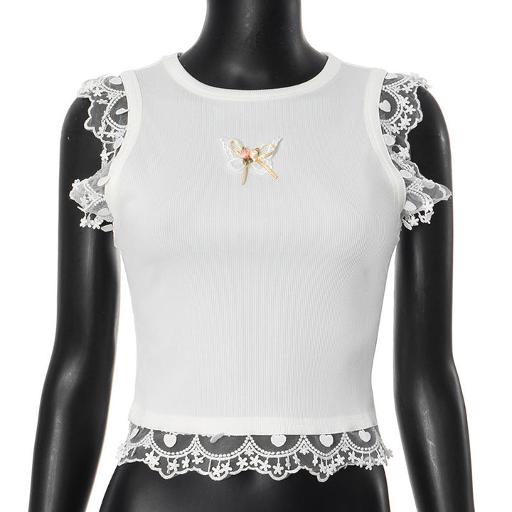 Dame delikat Crop-Top med romantisk blondekant Skovae