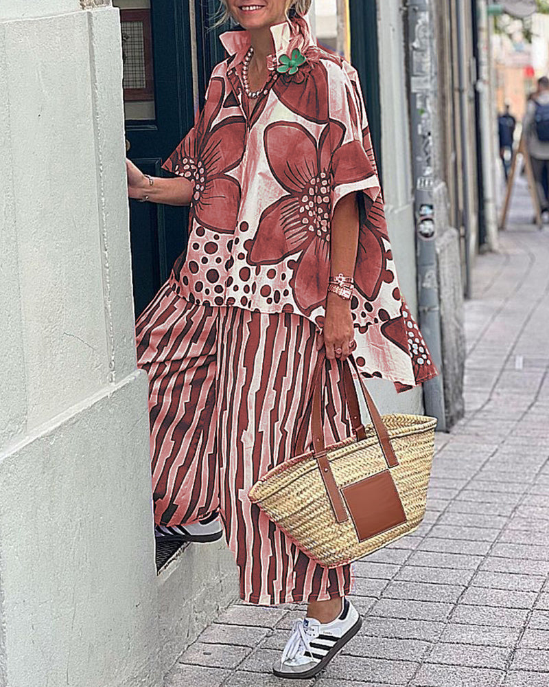 Dame Stilfuldt Floralprint Poncho og Bred-Bukser Sæt Stilla