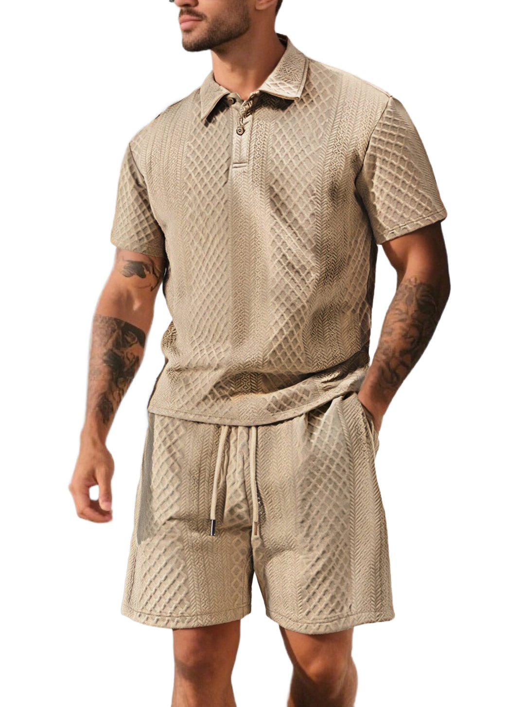 Herrer nan struktureret polo-shirt- og bermuda-shorts-sæt fra quiltet bomuldsblanding Skovae