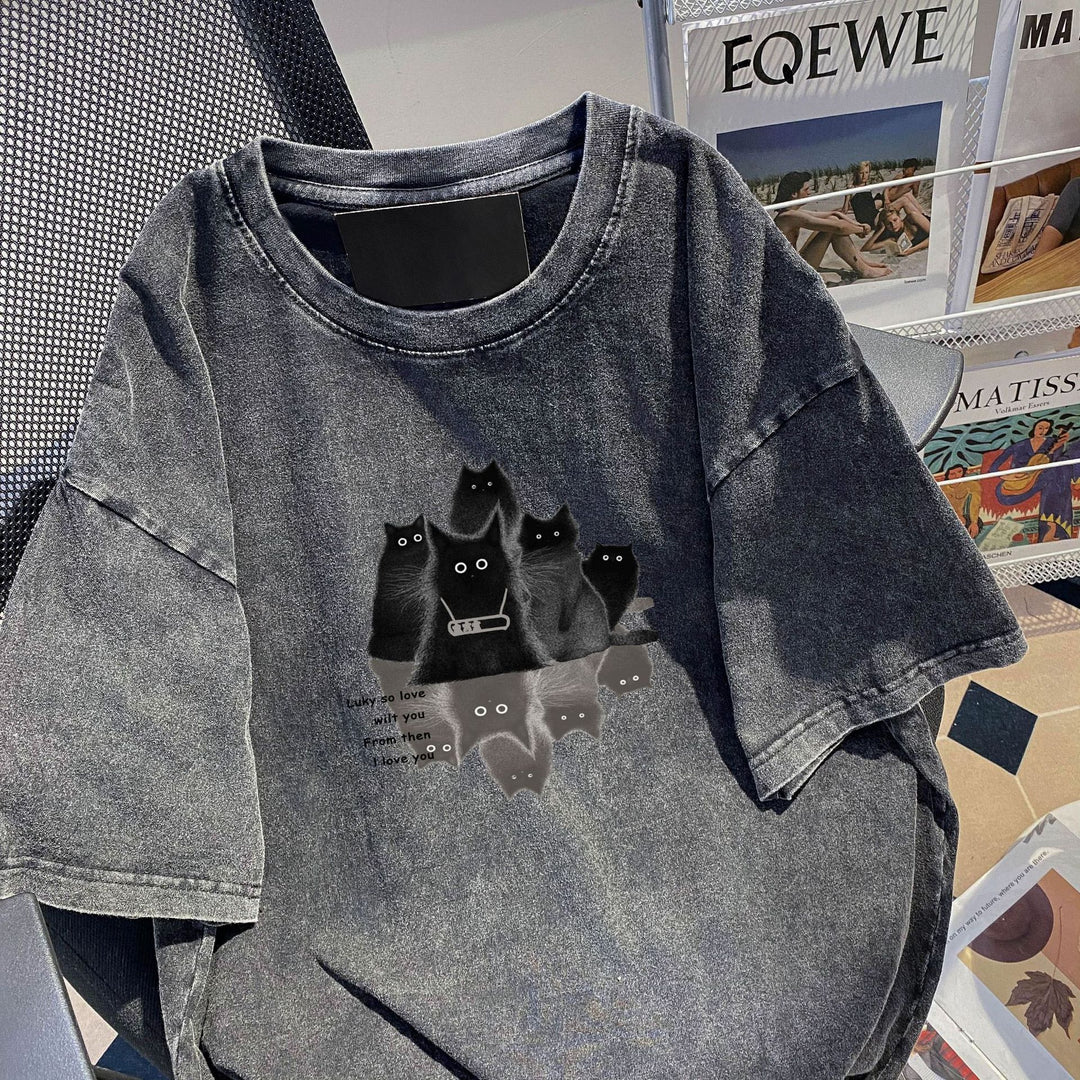 Dame T-shirt med kreativt kattemotiv og afslappet oversized snit Stilla